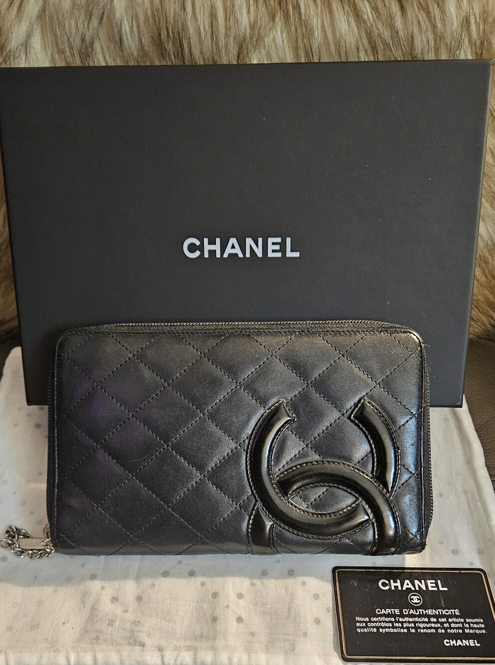 CHANEL Cambon Long Wallet Calfskin Zip Around Black x Black Pink Silver Hardware